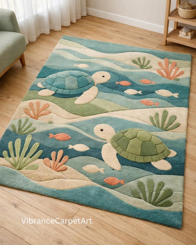 Turtle Rug Cream Hand-tufted Kids Ocean Rug – Sea Turtle Nursery Carpet, Custom Color - Etsy