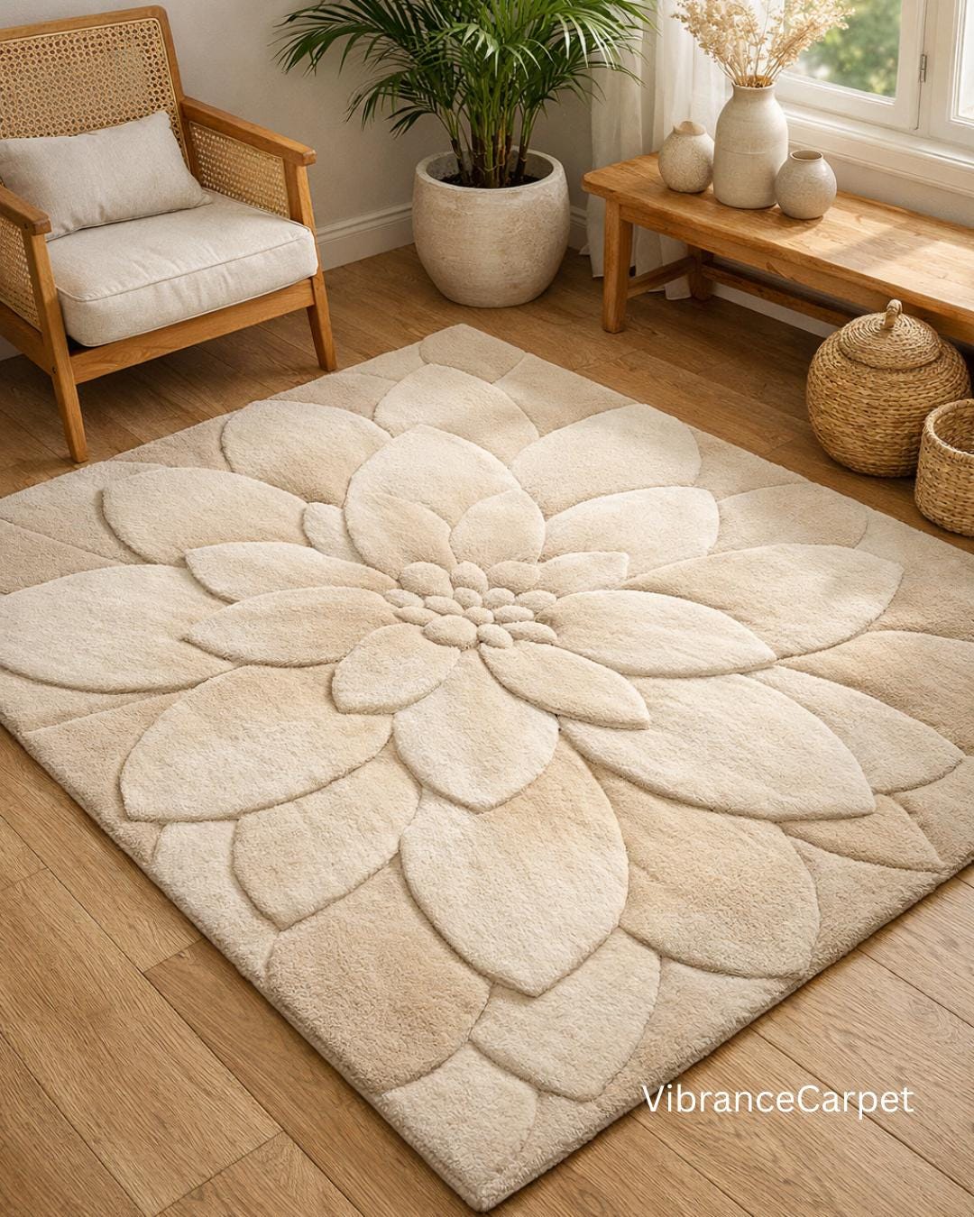 3D Flower Tufted Rug – Neutral Beige Square Area Rug | Sculpted Floral ...