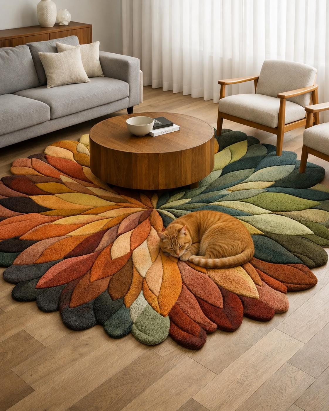 Hand Tufted Wool Rug, Round Floral Leaf Design, Sculpted 3D Texture - Etsy