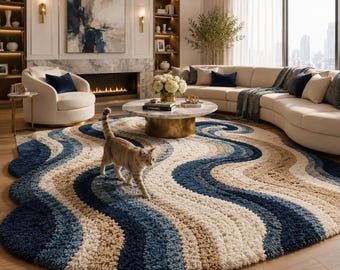 Hand Tufted Abstract Wave Wool Rug – Modern Blue & Beige Area Rug