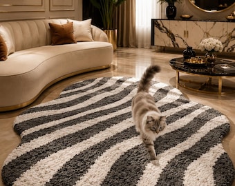 Hand-Tufted Zebra Print Wool Rug – Black & White Animal Pattern, Custom Size