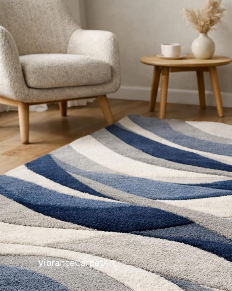 Blue Wave Tufted Rug – Modern Abstract Plush Carpet - Etsy