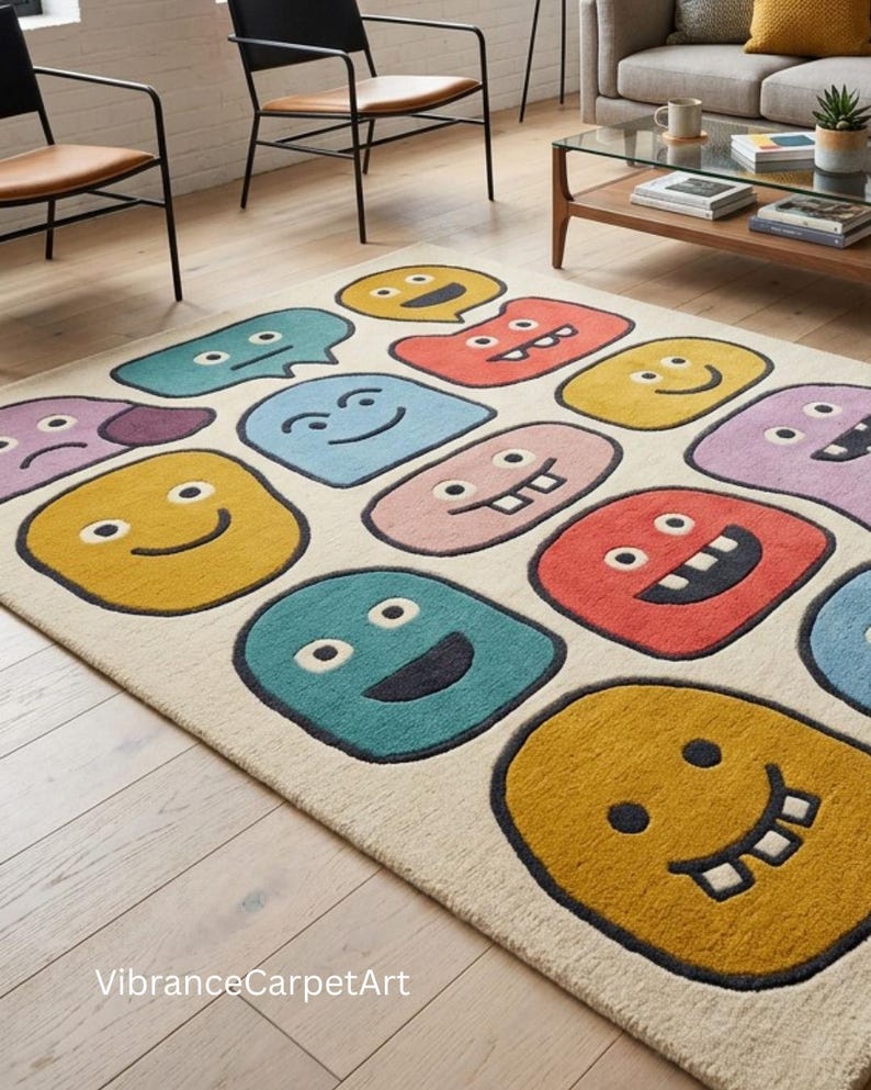 Hand-tufted Smiley Face Cartoon Area Rug, Colorful Pop Art Carpet, Kids ...