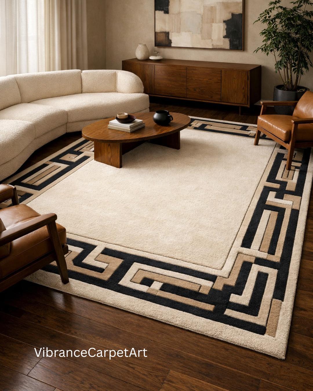 Cream Rug Key Design Handmade Greek Key Tufted Rug, Cream Black Geometric Border, Luxury ...