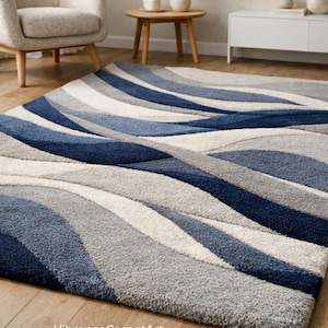 Alfombra de mechones con ondas azules: moderna y abstracta alfombra de felpa