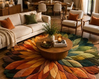 Hand Tufted Wool Rug, Round Floral Leaf Design, Sculpted 3D Texture