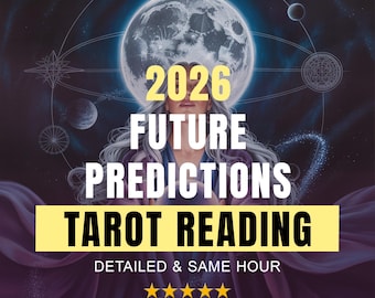May include: An artistic image with a celestial theme. The text reads "2026 FUTURE PREDICTIONS TAROT READING" in bold, with "DETAILED & SAME HOUR" below. A five-star rating and the name "MYSTICLUNA" are also present.