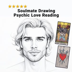 May include: A pencil sketch of a man's face with long, wavy hair. The text "Soulmate Drawing Psychic Love Reading" is at the top. Two tarot cards, "The Lovers" and "Three of Swords," are displayed to the right.