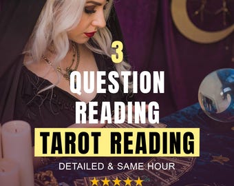 May include: A woman with long blonde hair and a black dress is reading tarot cards. The image includes text that says "3 QUESTION READING TAROT READING DETAILED & SAME HOUR" with a five-star rating and the name "MYSTICLUNA".