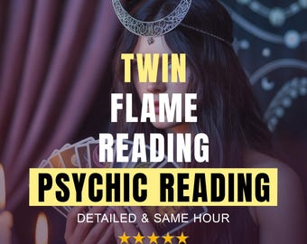May include: An image promoting psychic readings. The text includes "Twin Flame Reading" and "Psychic Reading" in large, bold letters. The image features a person holding tarot cards, with a crescent moon headpiece. The text also includes "Detailed & Same Hour" and a five-star rating.