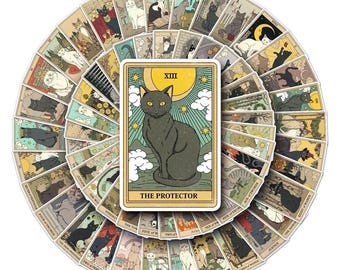 Pegatinas de cartas del Tarot del Gato - Baraja completa de 78 cartas - Adivinación pagana Wicca