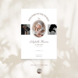 Plantilla personalizada para anuncio de nacimiento de recién nacido, tarjeta de nacimiento con foto imprimible, archivo digital, totalmente editable y personalizable con Canva.