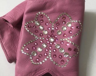 Women’s pink leather fingerless gloves, handmade short gloves for her, stylish warm accessory, unique leather gift, christmas gf gift