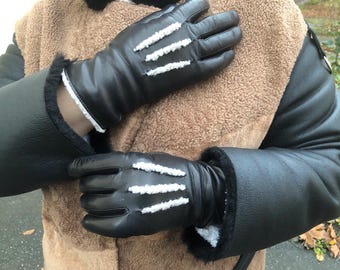 Women black leather gloves with white accent design, elegant warm accessory, genuine leather winter gloves, stylish hand accessory