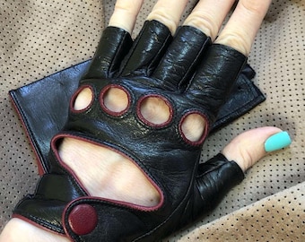Black leather fingerless gloves, handmade biker driving gloves for women, short leather gloves with red trim, moto accessory, gift for her