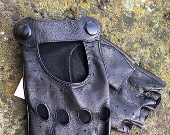 Black fingerless leather gloves, women half finger driving handwear