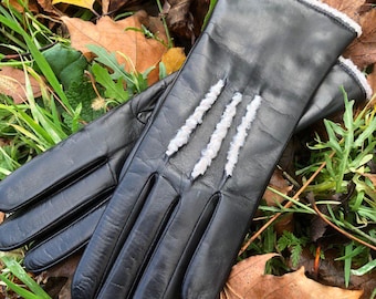 Gants d'hiver en cuir noir pour femmes, gants chauds avec design, accessoire personnalisé fait main, élégants gants pour temps froid, cadeau de Noël