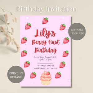 Berry First Birthday Invitation - First Birthday for Girl Invitation - Strawberry Theme - Birthday Invitation - Strawberry Birthday Invite