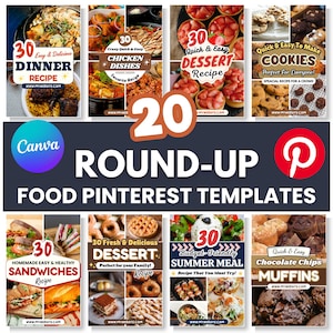 Könnte beinhalten: Eine Collage von Pinterest-Vorlagen zum Thema Essen. Die Vorlagen enthalten Rezepte für Abendessen, Hühnchengerichte, Desserts, Kekse, Sandwiches, Muffins und Sommergerichte. Jede Vorlage enthält die Zahl 30, Rezepttitel und Website-Adressen.