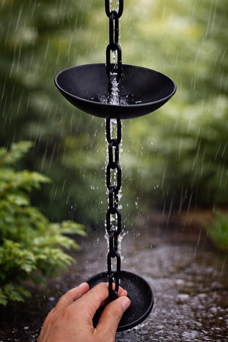 Black Rain Chain 9 Feet 12 Cups Outdoor Gutter Replacement Decorative ...