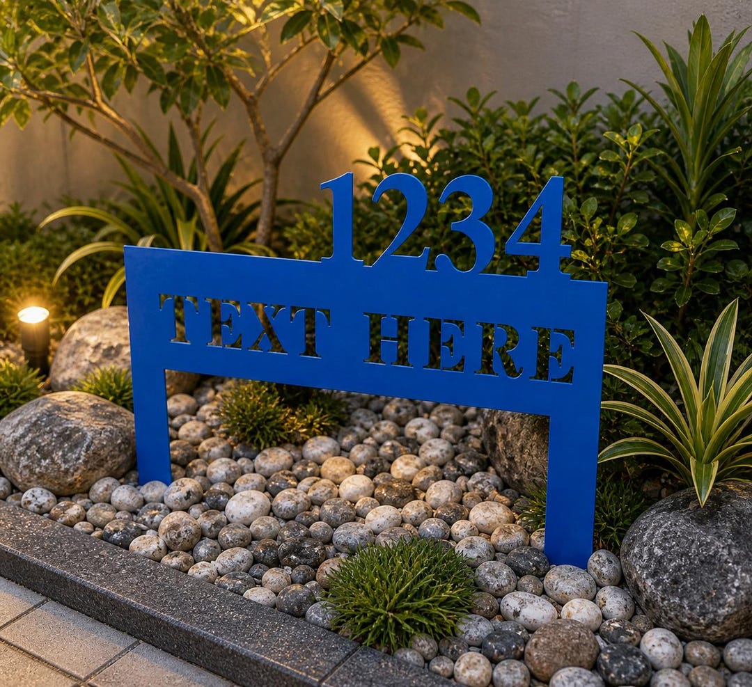 Personalized Blue Address Sign Metal House Number Stake Modern Outdoor ...