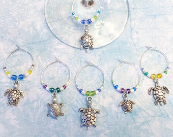 Turtle Wine Charms - set of 6 silver turtle wine glass charms