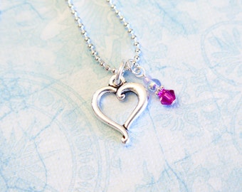 Heart Pendant Necklace - Silver Heart Charm with Swarovski Crystal Dangle