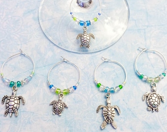 Turtle Wine Charms - set of 5 silver turtle wine glass charms