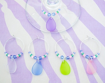 Tear Drop Wine Charms - Set of 5 frosted tear drop / flower petal wine glass charms