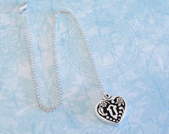 Heart Frame Charm Necklace - Silver Victorian Heart Pendant Necklace - Made in USA Charm