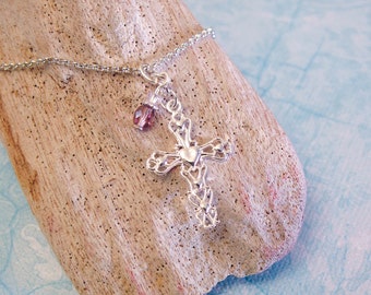 Cross Necklace - Delicate Silver Cross Necklace with Crystal