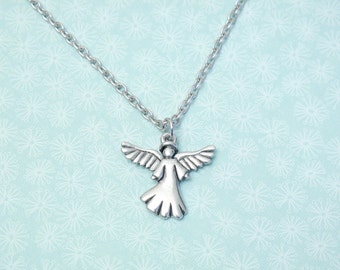 Angel Charm Necklace - Antique Pewter Flying Angel Charm Necklace - Made in USA