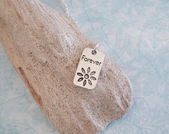 Forever Charm Necklace - Silver Flower Dog Tag Pendant Necklace