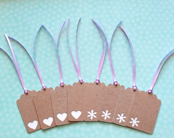 Upcycled Gift Tags - Set of 8 Chipboard Tags with Heart and Flower Cut Outs 2 3/4"