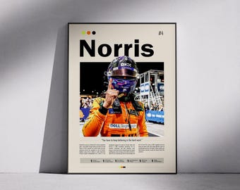 Puede incluir: Póster del piloto de Fórmula 1 Norris con traje y casco naranja. El póster incluye el nombre "Norris" en letras negras grandes, el número 4 y el texto "You have to keep believing in the hard work."