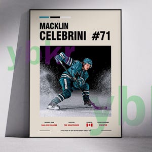 Könnte beinhalten: Ein gerahmtes Poster mit dem Eishockeyspieler Macklin Celebrini in teal-farbener und schwarzer Ausrüstung der San Jose Sharks. Das Poster enthält den Namen des Spielers, die Nummer 71, das Team, die Position, das Land und den Spitznamen. Der Text "I just want to get better every single day" ist ebenfalls enthalten.