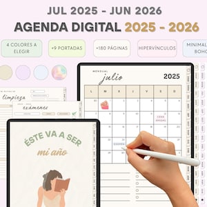 Puede incluir: Agenda digital para 2025-2026 con un diseño minimalista. La imagen muestra un diseño de calendario con el mes de julio de 2025 resaltado y una mano usando un lápiz óptico. La agenda incluye secciones para limpieza, exámenes y el texto "Este va a ser mi año."