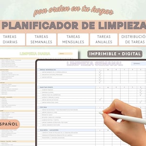 May include: A printable and digital cleaning planner in Spanish. The planner includes sections for daily, weekly, monthly, and annual tasks. A hand is shown using a stylus to mark a weekly cleaning schedule. The text "PLANIFICADOR DE LIMPIEZA" is at the top.