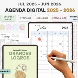 Puede incluir: Agenda digital para 2025-2026, con calendario de julio de 2025. La imagen incluye opciones de 4 colores, +9 portadas y +180 páginas. La agenda es minimalista y boho, con texto en español.