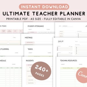 Puede incluir: Un planificador digital para profesores en tonos rosa y blanco. Incluye secciones para la planificación de clases, la asistencia de los estudiantes y los horarios de exámenes. El texto "ULTIMATE TEACHER PLANNER" y "INSTANT DOWNLOAD" son visibles. Totalmente editable en Canva.