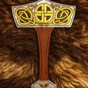 May include: A detailed illustration of Thor's hammer, Mjolnir. The hammerhead features gold Celtic knot designs on a silver background, with a central cross-like symbol. The handle is brown with wood grain detail, and the base has a gold triquetra symbol.