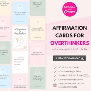 40 Printable Affirmation Cards for Overthinkers – Editable Digital Affirmation Cards | Canva Template, Positive Healing & Self-Care Deck