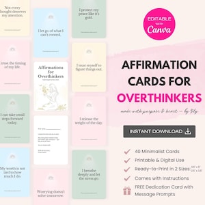 Printable Positive Affirmation Cards for Overthinkers – 40 Cards Editable Canva Template, Mindful Self-Care for Anxiety & Healing
