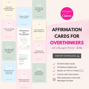 Printable Positive Affirmation Cards for Overthinkers – 40 Cards Editable Canva Template, Mindful Self-Care for Anxiety & Healing