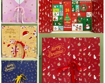 May include: Advent calendars in pink, gold, and blue, each with a ribbon closure. The pink calendar has the text "Advent Calendar". The gold and blue calendars have "Merry Christmas" text. The red calendar has 24 numbered compartments with Christmas-themed illustrations.