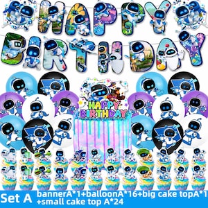 May include: A party decoration set featuring blue and white robot characters. Includes a 'HAPPY BIRTHDAY' banner, balloons with robot graphics, a cake topper with the text 'HAPPY BIRTHDAY', and twenty-four small cupcake toppers with robot designs.