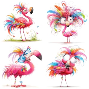 16 Quirky Flamingo Clipart Whimsical Funny Animal Watercolor JPG Fantasy Card Making Junk Journal Scrapbook Paper Craft Digital Download