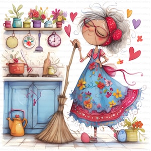 14 Quirky Grandma Clipart Funny Kitchen Sweep Whimsical Ephemera Watercolor Fantasy Junk Journal Scrapbooking Card Making Digital Download