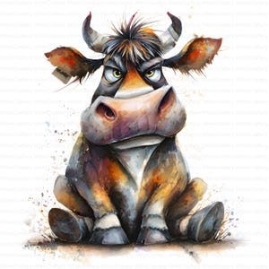 16 Clipart vache décalée drôle d&#39;animal de ferme éphémères fantaisistes aquarelle JPG Fantasy Junk Journal Scrapbooking Carterie en téléchargement numérique