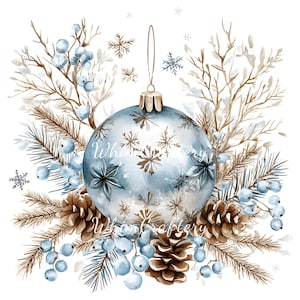 27 Blue Christmas Baubles Clipart Whimsical Ornaments Holiday Watercolor Fantasy Junk Journal Scrapbook Card Making Craft Digital Download